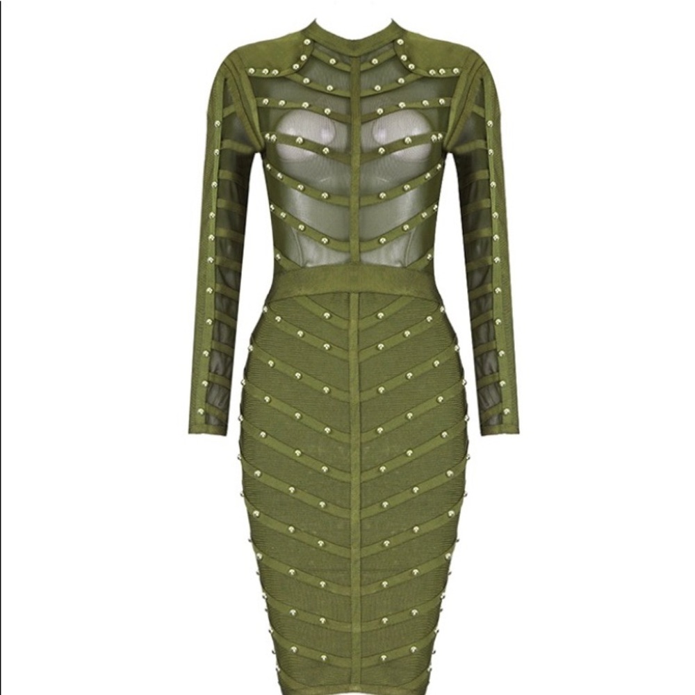 Long Sleeve Bandage Mesh Dress.